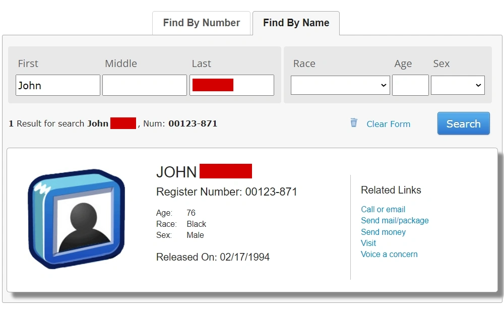 A screenshot of the BOP inmate locator offered by the Federal Bureau of Prisons, where the user can access a database to find a subject’s historical criminal details at the federal level.