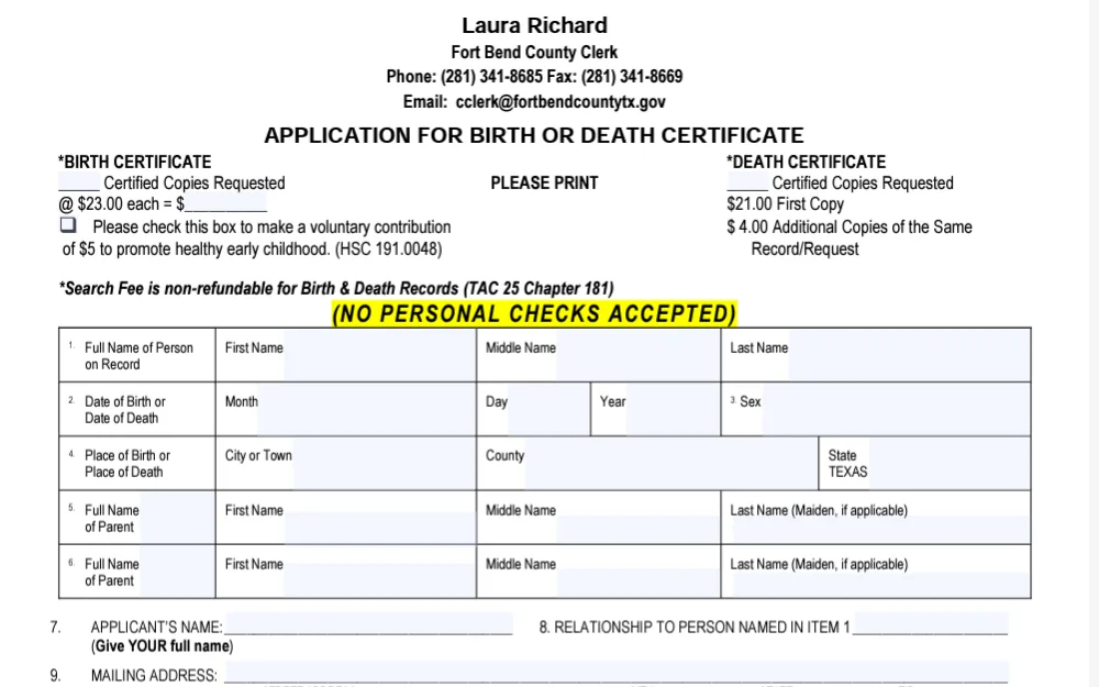 A screenshot of the form used to obtain birth or death documents in Fort Bend County.