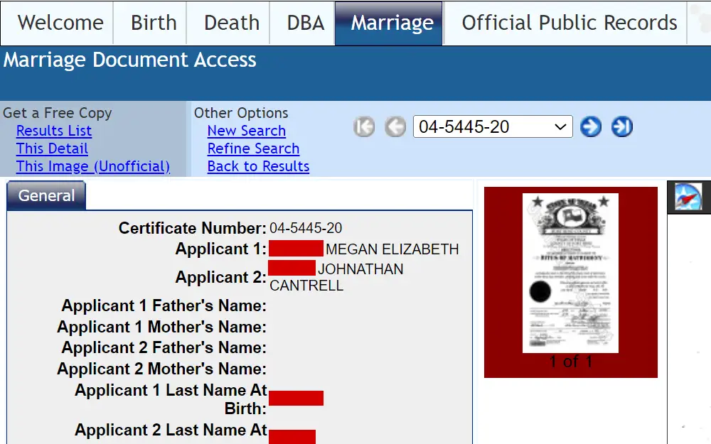 A screenshot of the search tool that allows users to obtain marriage documents in Fort Bend County.
