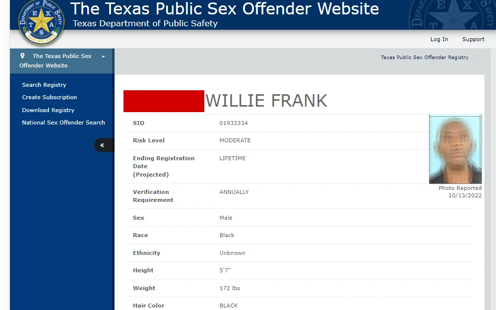 A screenshot of the search tool that allows users to find information about sex offenders in Texas.