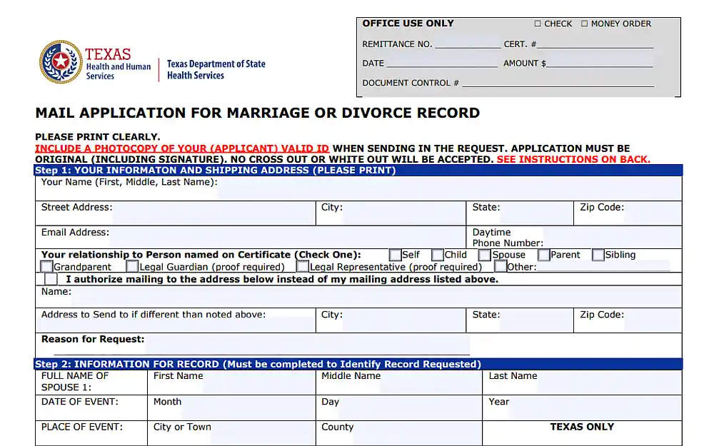 A screenshot showing a mail application form for marriage or divorce record requiring information such as first, middle and last name, street address, email address, city, state, daytime phone number and others.
