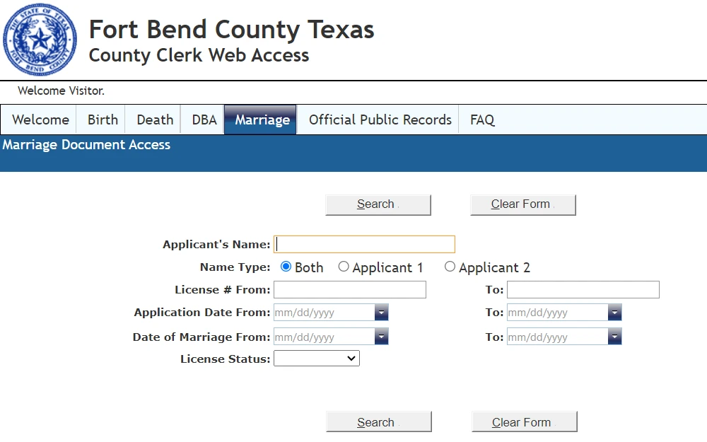 Screenshot of the marriage index search tool displaying the fields provided for applicant's name, license number range, date ranges for application and marriage, license status, and options for name type.