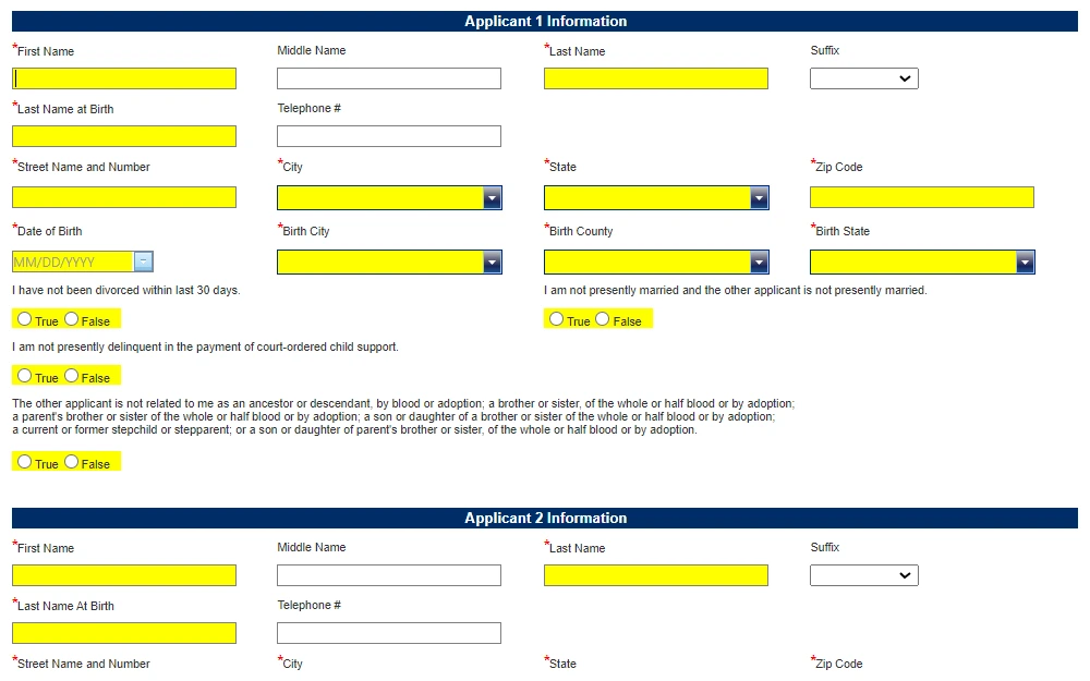 A screenshot of the online application form from the Fort Bend County Clerk web access displaying the fields provided for the information of both applicants, including name, contact number, address, birth details, and a very short dichotomous questionnaire.
