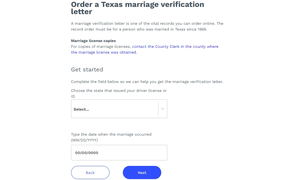 Screenshot of the online order form for a marriage verification letter with drop-down menus for the state of ID issuance and date of marriage.