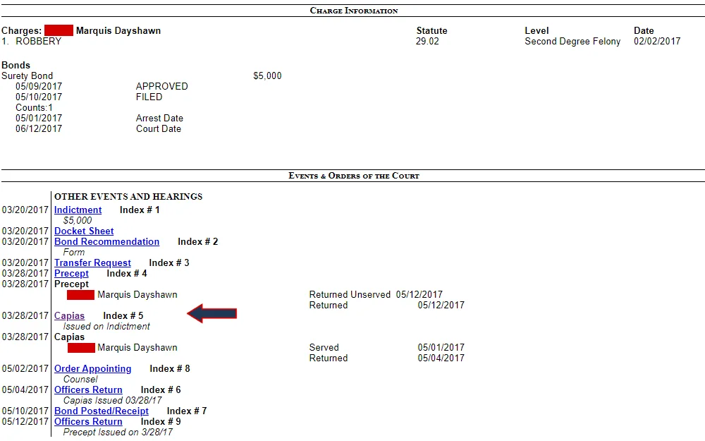 Screenshot of an adult felony case detail from the court records search database maintained by Fort Bend County, Texas, displaying the sections for charge information, including charges, statue, level, date, and bonds; and events and orders of the court, including the date and description of the event.
