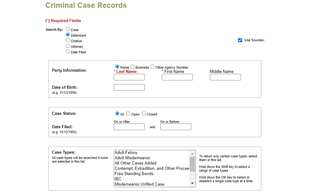 Screenshot of the court records search tool provided by Fort Bend County, Texas, displaying the input fields for a defendant name search, including last, first, and middle names, date of birth, case status, date filed, and case types.