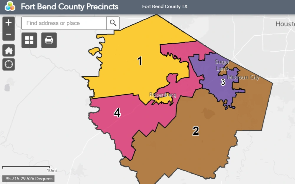 Screenshot of the map of constable precincts in Fort Bend County, Texas, displaying a small search bar in the upper left corner, and the color coded map divided into four areas.